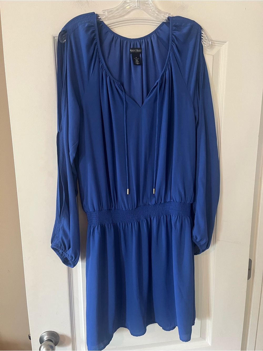 White House Black Market Royal Blue Long Sleeve Smocked Waist Dress Size 14